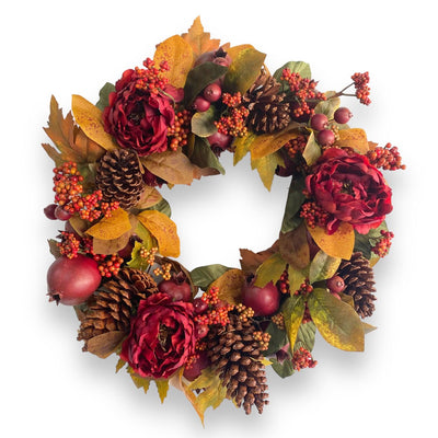 Silk Burgundy Pomegranate & Peony Wreath - 24"