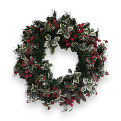 Silk Frosted Red and White Holly Wreath - 24''