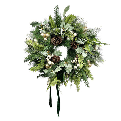 Faux Green Holly & White Berry Wreath - 24"