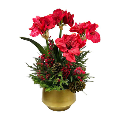 Faux Red Amaryllis Berry & Gold Pot Centerpiece - 32" Tall
