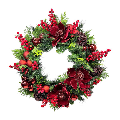 Faux Red Magnolia Ball Wreath - 24"