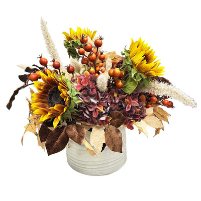 Faux Sunflower & Hydrangea in Ceramic Vase