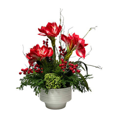 Faux Red & White Amaryllis Bowl Centerpiece
