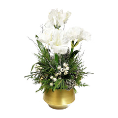 Faux White Amaryllis with Cedar, Pinecones & Balls in Gold Pot - 34