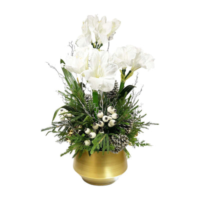 Faux White Amaryllis with Cedar, Pinecones & Balls in Gold Pot - 34" Tall