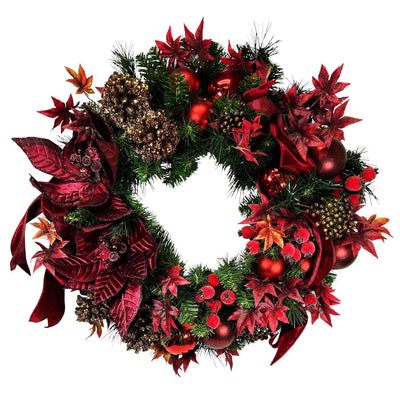 Faux Burgundy Poinsettia Pinecone Wreath - 24"