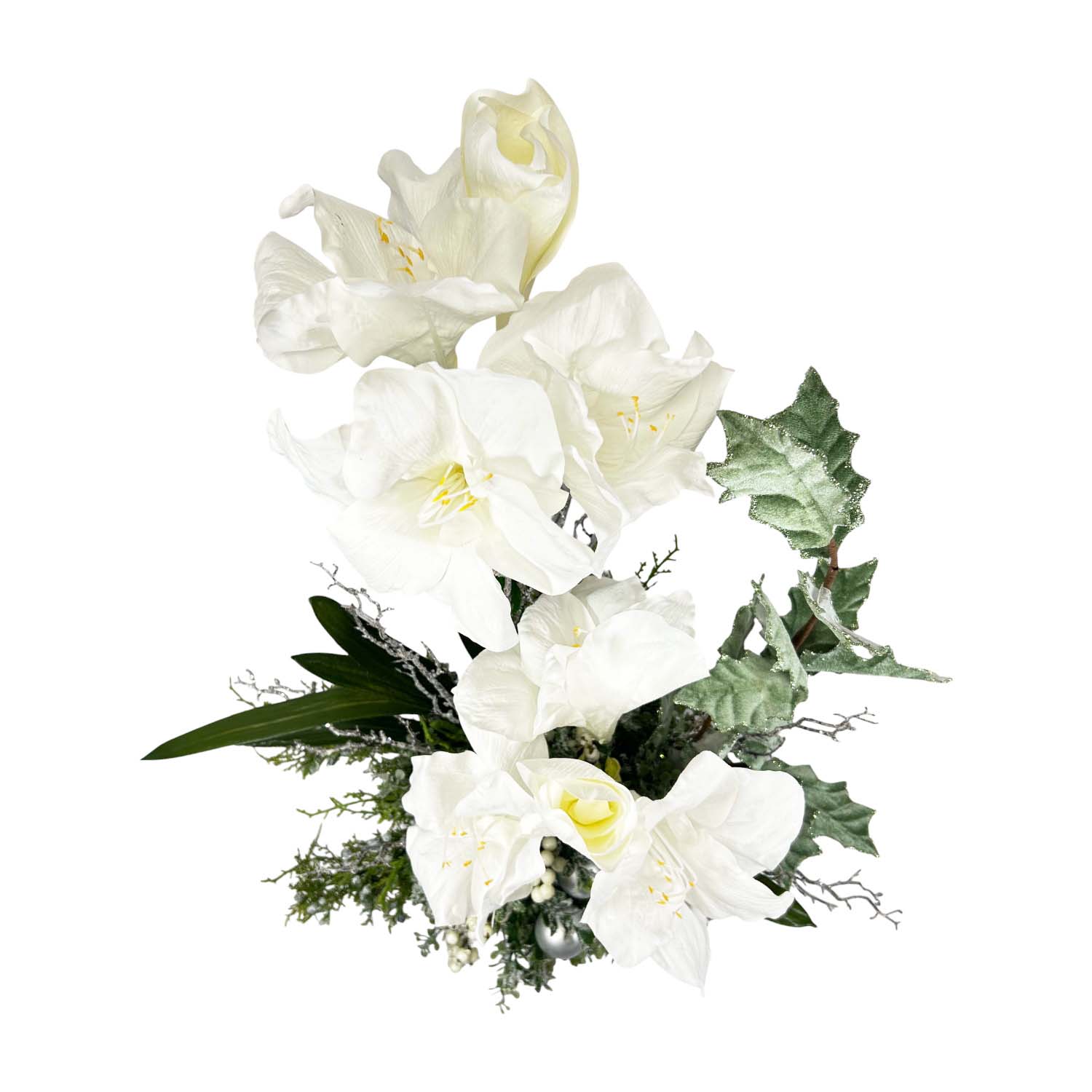 Faux White Amaryllis in Silver Vase Centerpiecce - 34