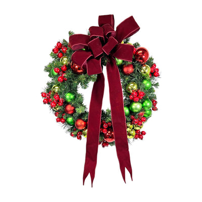 Faux Wreath with Balls & Red Bow - 24"