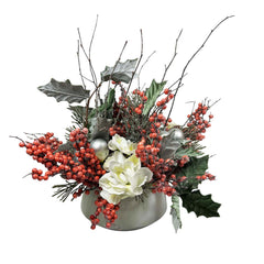 Faux White Frost Hydranga with Pine Berries Centerpiece