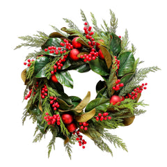 Faux Red Ball Magnolia Wreath - 24''