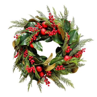 Faux Red Ball Magnolia Wreath - 24''