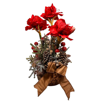 Silk Amaryllis Pinecone Arrangement in Copper Pot