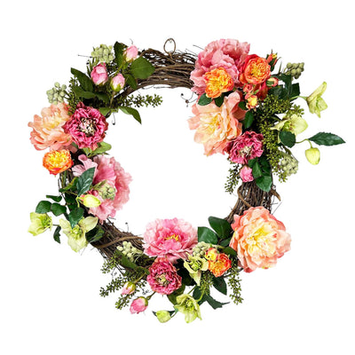 Faux Pink Coral Peony Grapevine Wreath - 20"