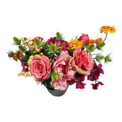 Faux Pink Peach Rose Peony Arrangement in Grey Pot