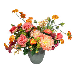 Faux Pink Peach Rose Zinnia Arrangement in Grey Pot