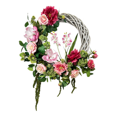 20'' Faux Pink Rose Magnolia Wicker Wreath
