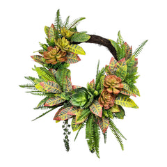 Faux Green Croton Fern Succulent Wreath - 30