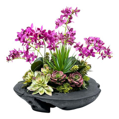 Faux Mini Purple Orchids with Succulents in Black Teak Bowl