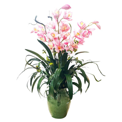 Faux Pink Cymbidiums in Jade Ceramic Vessel