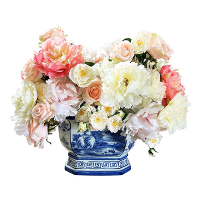 Faux Coral White Peony Rose Arrangement in Blue Planter