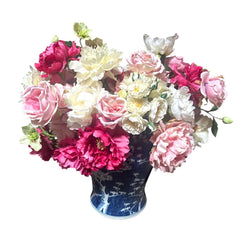 Faux Garden Roses & Peonies in Chinoiserie Temple Jar (Silk Botanical)