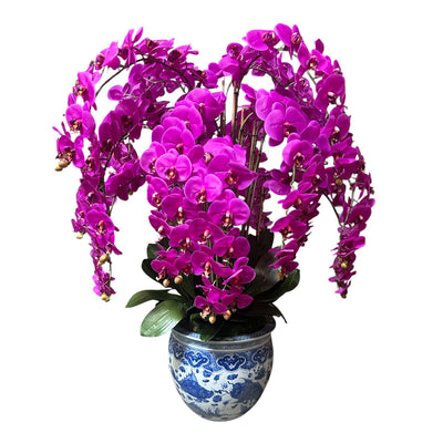 Faux Purple Orchids in Blue & White Bowl