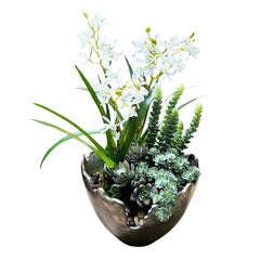 Faux Mini White Orchids in Antique Silver Bowl