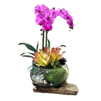 Faux Purple Orchid in Teak Glass Bowl