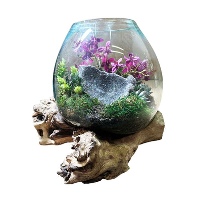 Faux Mini Purple Orchids & Amethyst in Teak Glass Vase