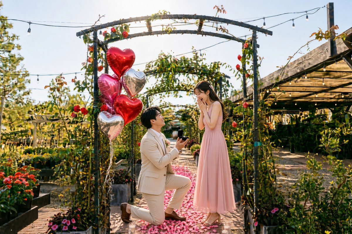 Newly engaged couple admiring the ring beneath the garden arches at Roger’s Gardens