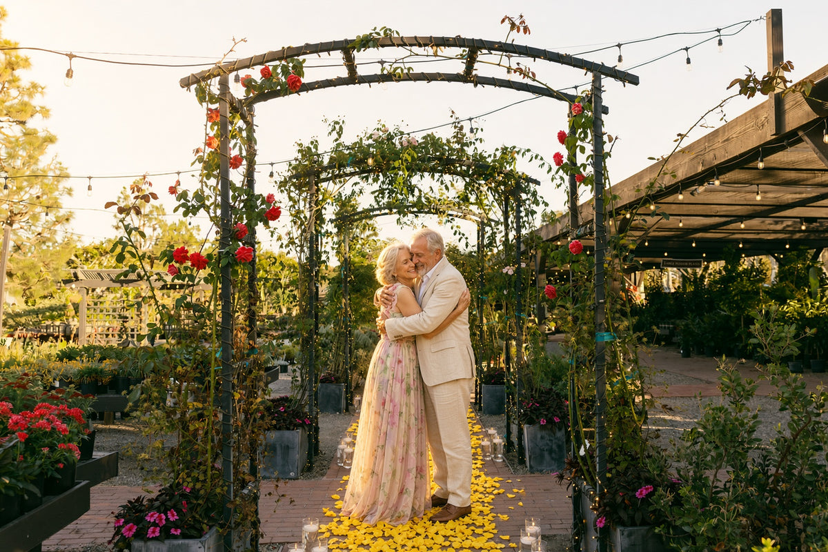Newly engaged couple embracing in a candlelit rose-petal aisle at Roger’s Gardens
