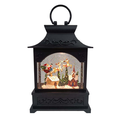 Santa with Reindeer Glowing Lantern - 11" Tall