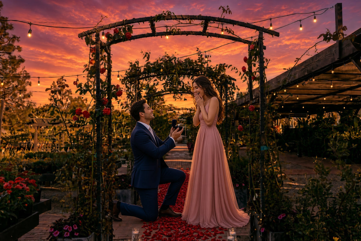 Couple holding hands in a candlelit rose-petal garden aisle at Roger’s Gardens