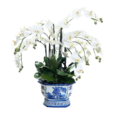 Faux Cascading Crisp White Phalaenopsis Orchids in a Chinoiserie Planter